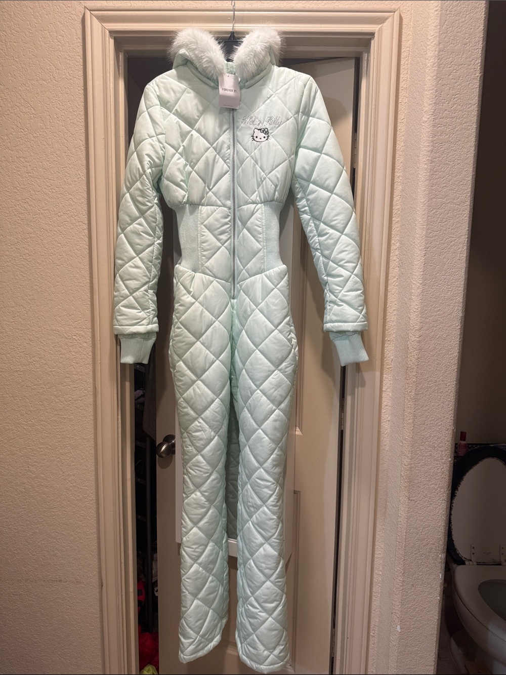 Hello Kitty Mint Quilted One-Piece Footie with Faux Fur Hood SZ Small